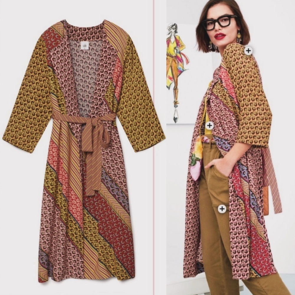 CAbi Poet Jacket Kimono Belted Bold Boho Patchwork Topper Cardigan Multicolor XS